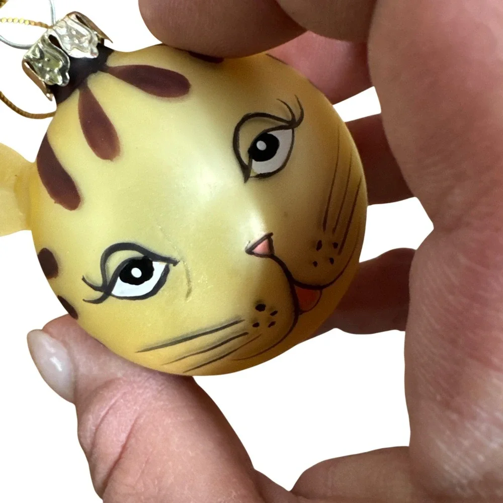 Vintage‎ Giftcraft Glass Cat Ornament Tiger Kitty Yellow Striped Holiday 647724
